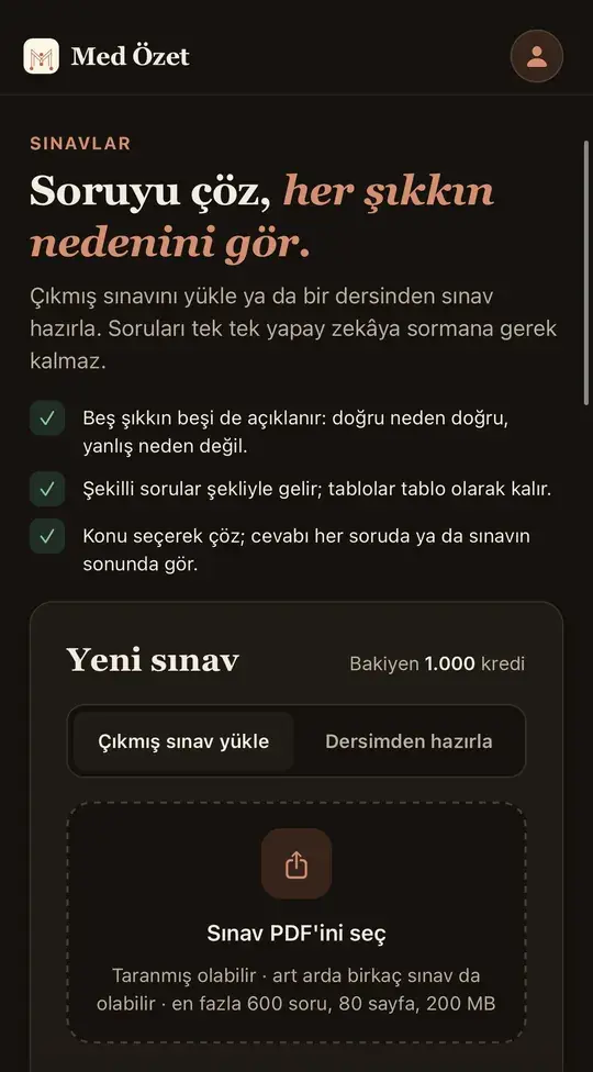 Med Özet uygulamasında Sınavlar ekranı: Çıkmış sınav yükle ve Dersimden hazırla seçenekleri